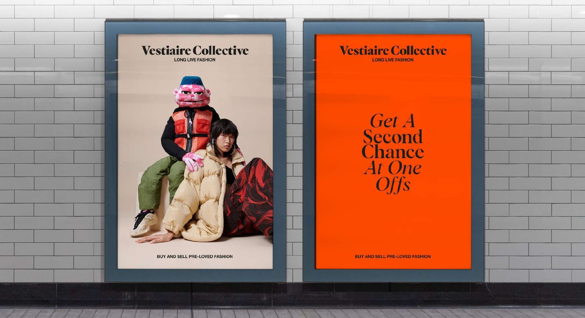 Vestiaire Collective campaign posters in a tiled underground station